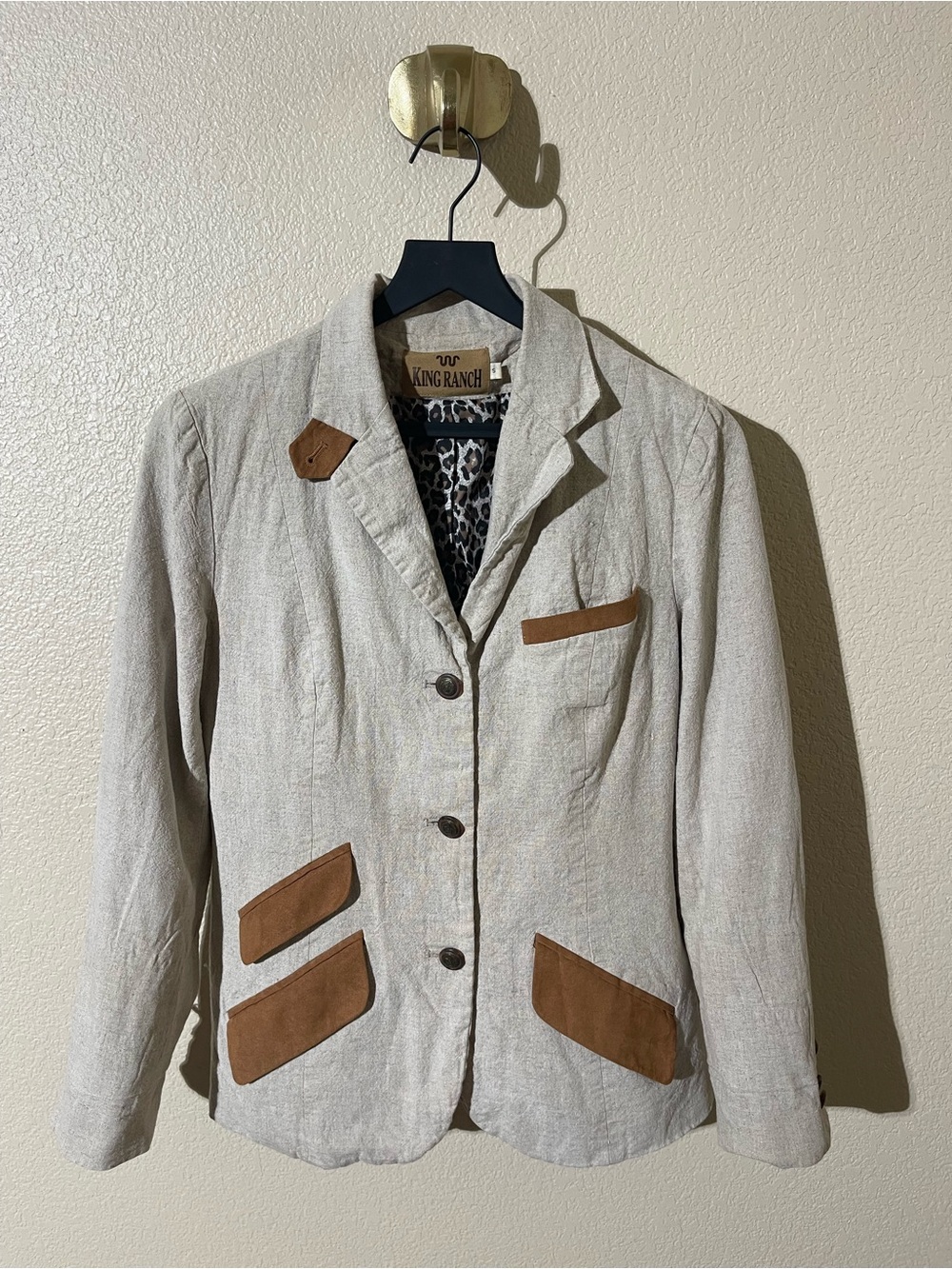 King Ranch Women's Cream Linen-Blend Blazer with Brown Suede Trim
